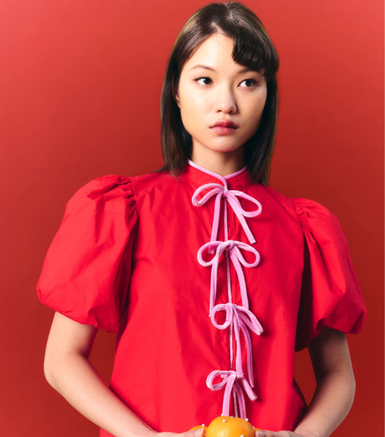 AIIZ Women's Puffed Sleeve Blouse with Bow Tie