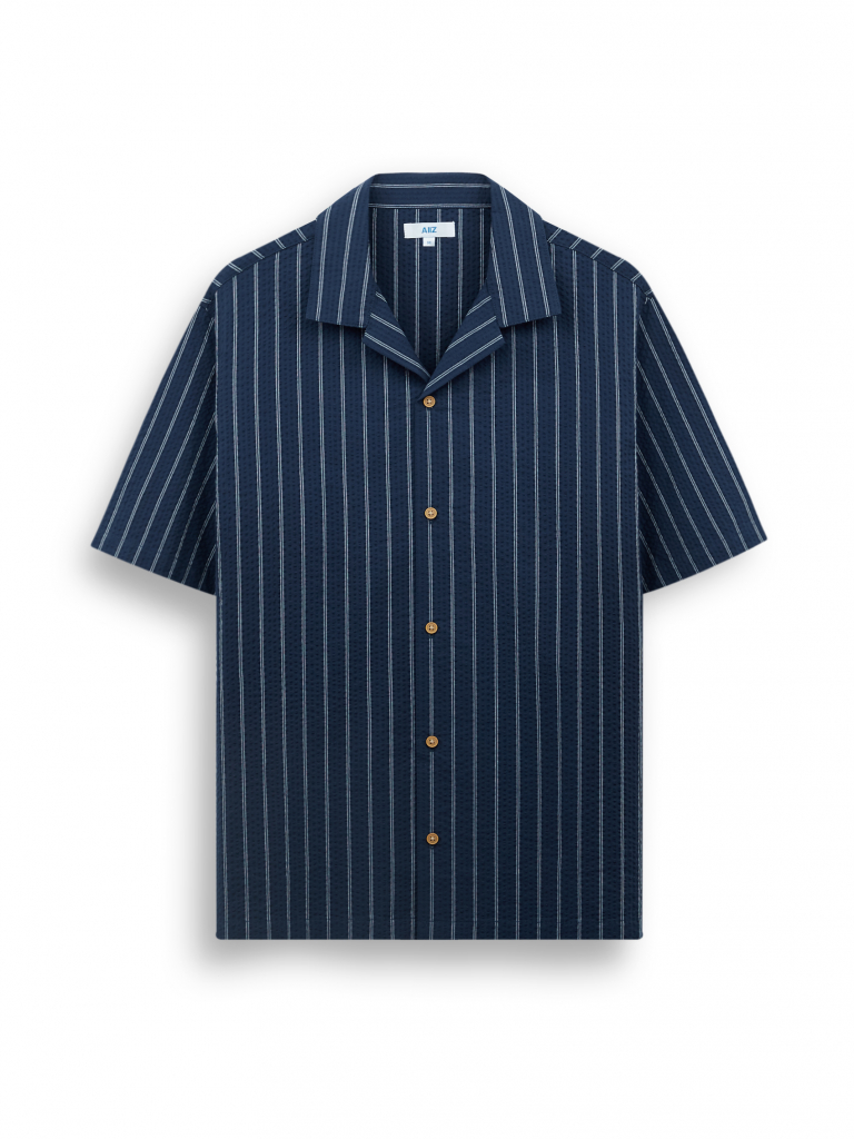 เสื้อเชิ้ตผู้ชายแขนสั้นทรงโอเวอร์ไซส์ลายทาง
