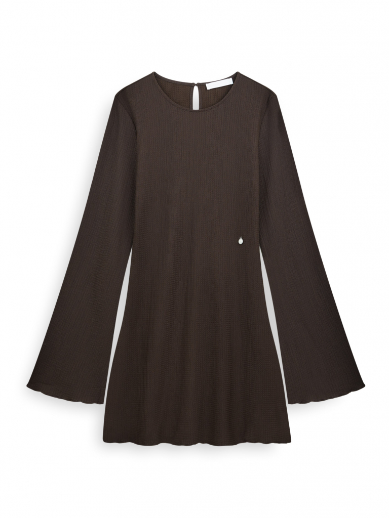 AIIZ เดรสสั้นผู้หญิงแขนยาวผ้าย่น